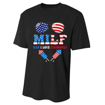 MILF Man I Love Fireworks Flag USA 4th Of July Sunglasses Performance Sprint T-Shirt