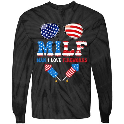 MILF Man I Love Fireworks Flag USA 4th Of July Sunglasses Tie-Dye Long Sleeve Shirt