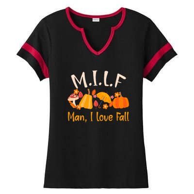 MILF Man I Love Fall Funny Pumpkin Autumn Lover Ladies Halftime Notch Neck Tee