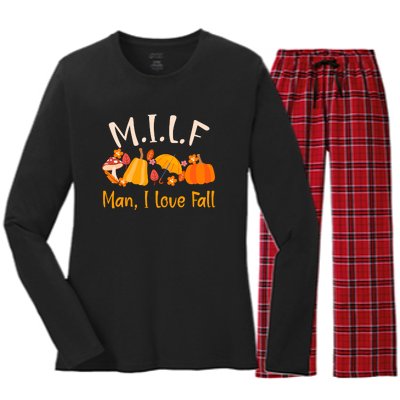 MILF Man I Love Fall Funny Pumpkin Autumn Lover Women's Long Sleeve Flannel Pajama Set 