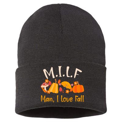 MILF Man I Love Fall Funny Pumpkin Autumn Lover Sustainable Knit Beanie