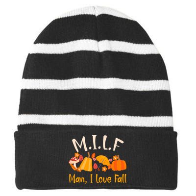 MILF Man I Love Fall Funny Pumpkin Autumn Lover Striped Beanie with Solid Band