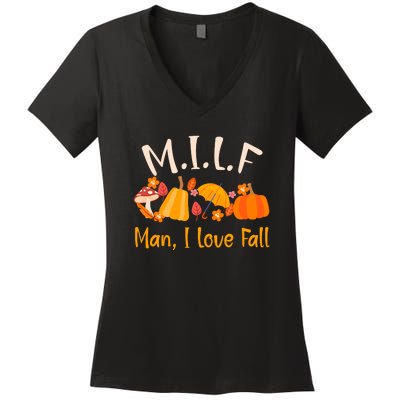 MILF Man I Love Fall Funny Pumpkin Autumn Lover Women's V-Neck T-Shirt