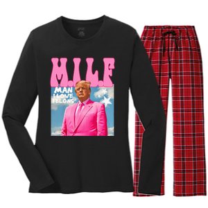 Milf Man I Love Felons Funny Trump Pink 2024 For President Women's Long Sleeve Flannel Pajama Set 