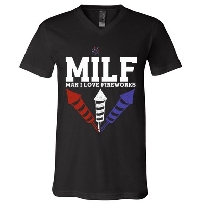 MILF Man I Love Fireworks Funny American 4th Of July V-Neck T-Shirt