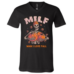 MILF Man I Love Fall Funny Skeleton Pumpkin Autumn Lover V-Neck T-Shirt