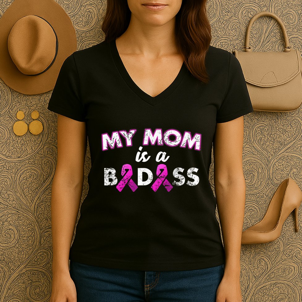 My Mom Is a Badass Breast Cancer Awareness Shirt Women's V-Neck T-Shirt