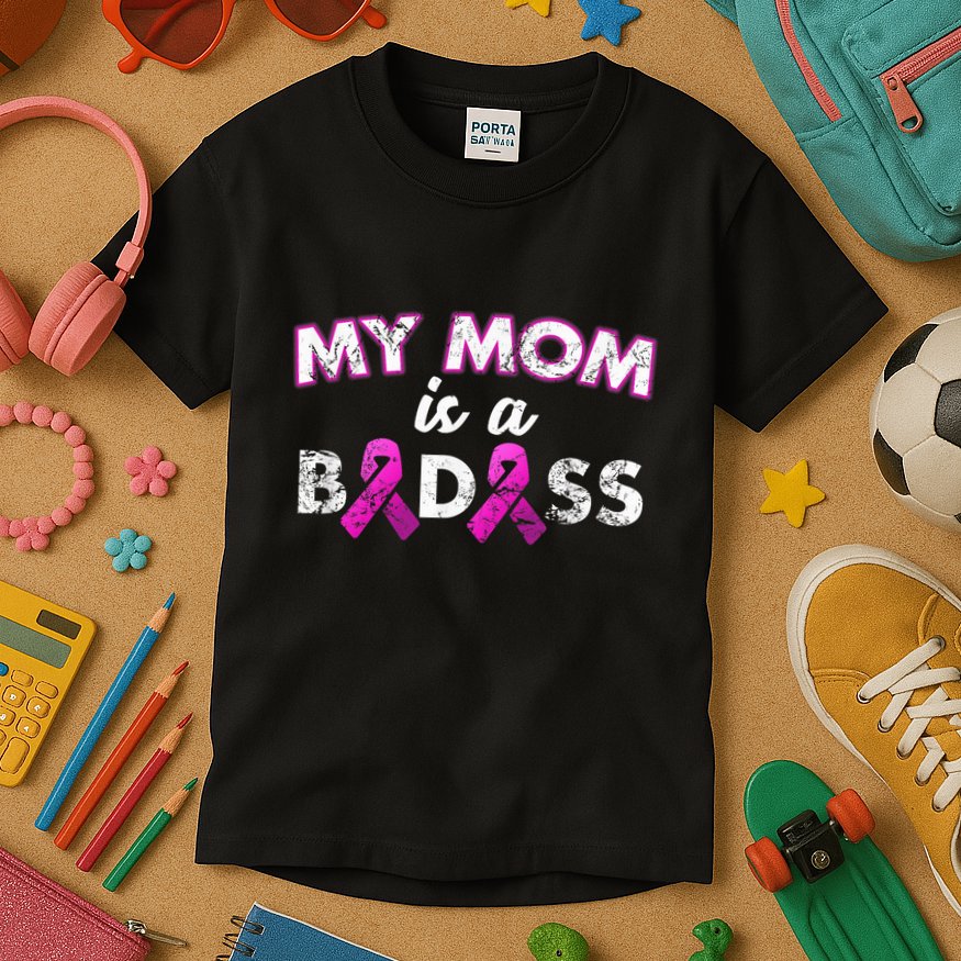 My Mom Is a Badass Breast Cancer Awareness Shirt Kids T-Shirt