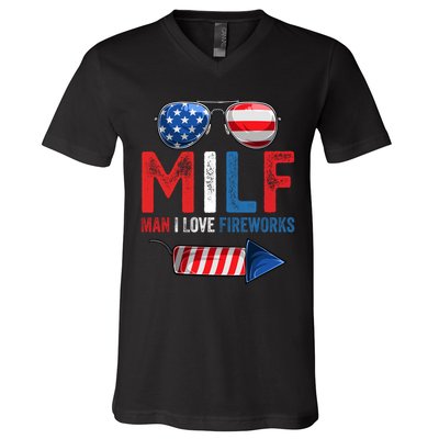 MILF Man I Love Fireworks Funny 4th Of July Gift V-Neck T-Shirt