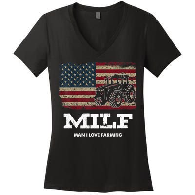 MILF Man I Love Farming Funny Farm Tractor Lover Women's V-Neck T-Shirt