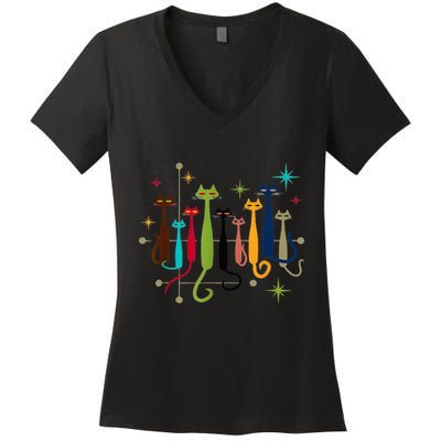Midcentury Modern Look Cat Funny 50s 60s Retro Vintage Women's V-Neck T-Shirt