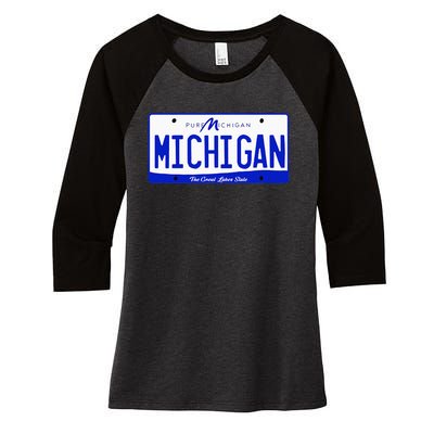 Michigan MI License Plate Classic Women's Tri-Blend 3/4-Sleeve Raglan Shirt