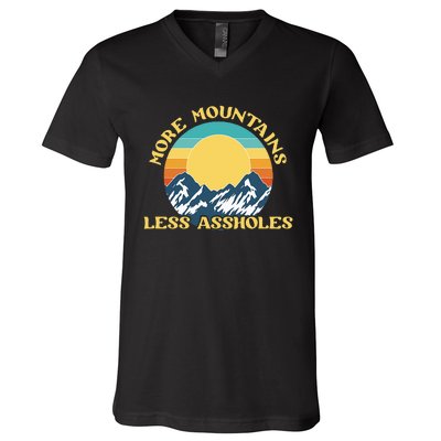 More Mountains Less Assholes Vintage Sunset Hiking Camping V-Neck T-Shirt