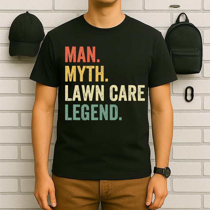 Man Myth Lawn Care Legend Funny Mowing Gardener Dad Retro T-Shirt