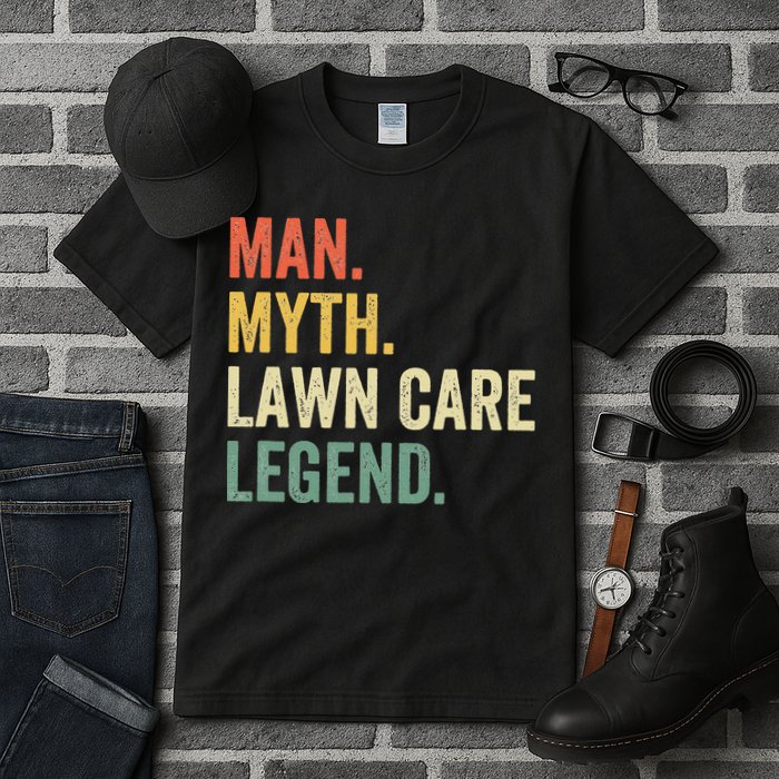 Man Myth Lawn Care Legend Funny Mowing Gardener Dad Retro Tall T-Shirt