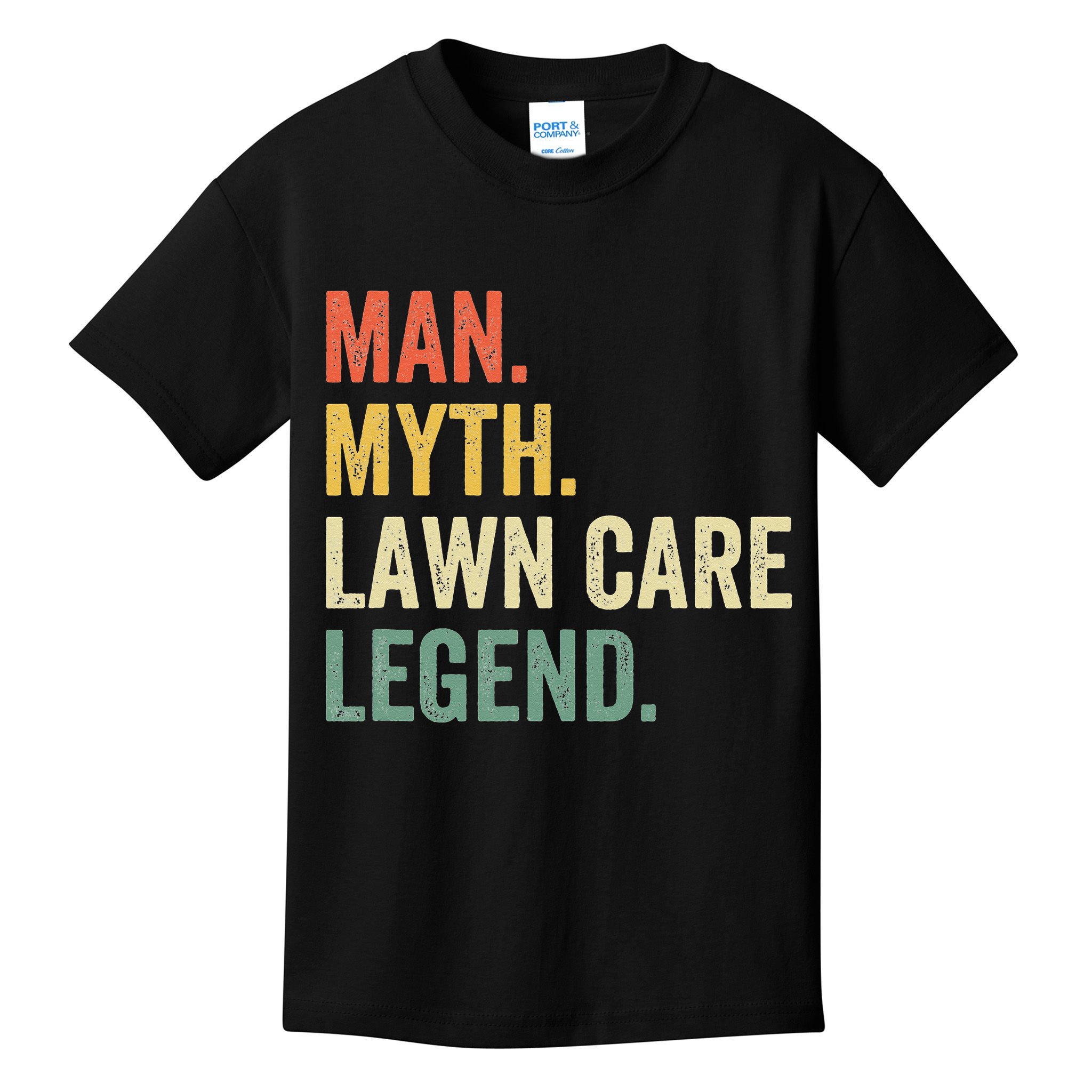 Man Myth Lawn Care Legend Funny Mowing Gardener Dad Retro Kids T-Shirt