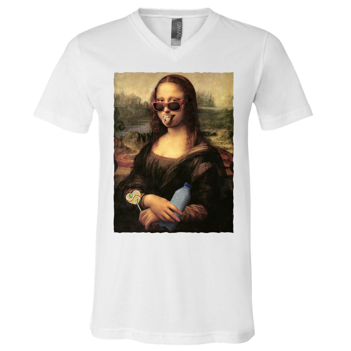 Modern Mona Lisa Tongue Ring V-Neck T-Shirt