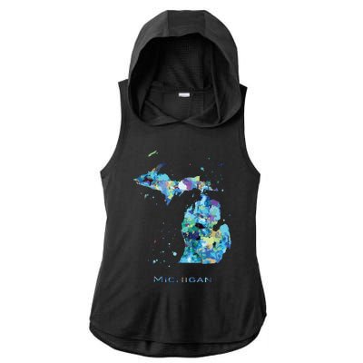 Michigan Map Ladies PosiCharge Tri-Blend Wicking Draft Hoodie Tank