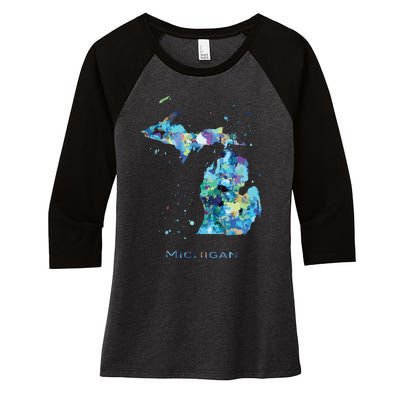 Michigan Map Women's Tri-Blend 3/4-Sleeve Raglan Shirt