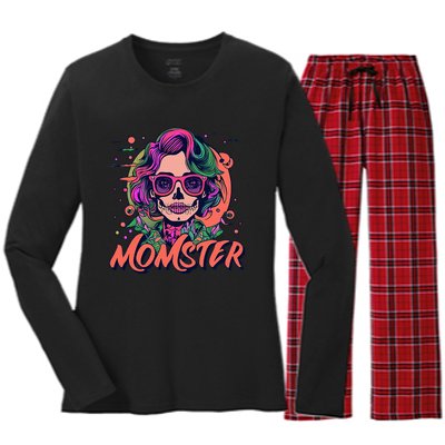 Momster Monster Mom Halloween Skeleton Spooky Mom Mama Women's Long Sleeve Flannel Pajama Set 