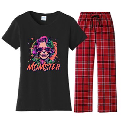 Momster Monster Mom Halloween Skeleton Spooky Mom Mama Women's Flannel Pajama Set