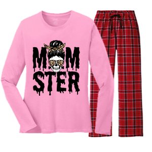 Momster Mom Monster Skull Bun Leopard Halloween Momster Gift Women's Long Sleeve Flannel Pajama Set 