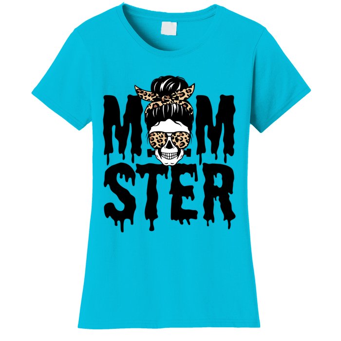 Momster Mom Monster Skull Bun Leopard Halloween Momster Gift Women's T-Shirt