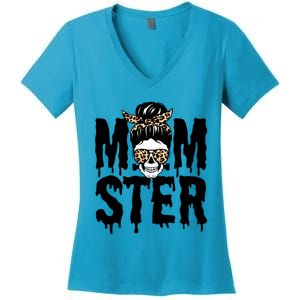 Momster Mom Monster Skull Bun Leopard Halloween Momster Gift Women's V-Neck T-Shirt