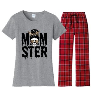 Momster Mom Monster Skull Bun Leopard Halloween Momster Gift Women's Flannel Pajama Set