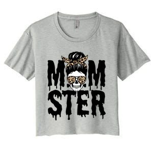 Momster Mom Monster Skull Bun Leopard Halloween Momster Gift Women's Crop Top Tee