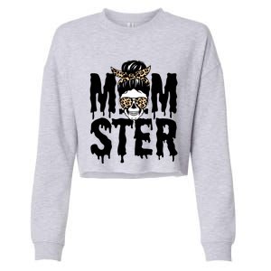 Momster Mom Monster Skull Bun Leopard Halloween Momster Gift Cropped Pullover Crew