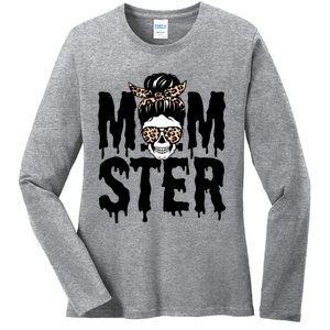 Momster Mom Monster Skull Bun Leopard Halloween Momster Gift Ladies Long Sleeve Shirt