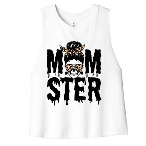 Momster Mom Monster Skull Bun Leopard Halloween Momster Gift Women's Racerback Cropped Tank