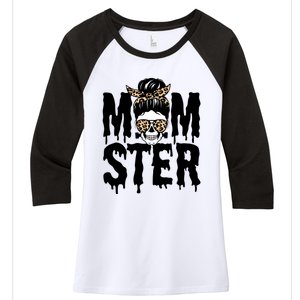 Momster Mom Monster Skull Bun Leopard Halloween Momster Gift Women's Tri-Blend 3/4-Sleeve Raglan Shirt