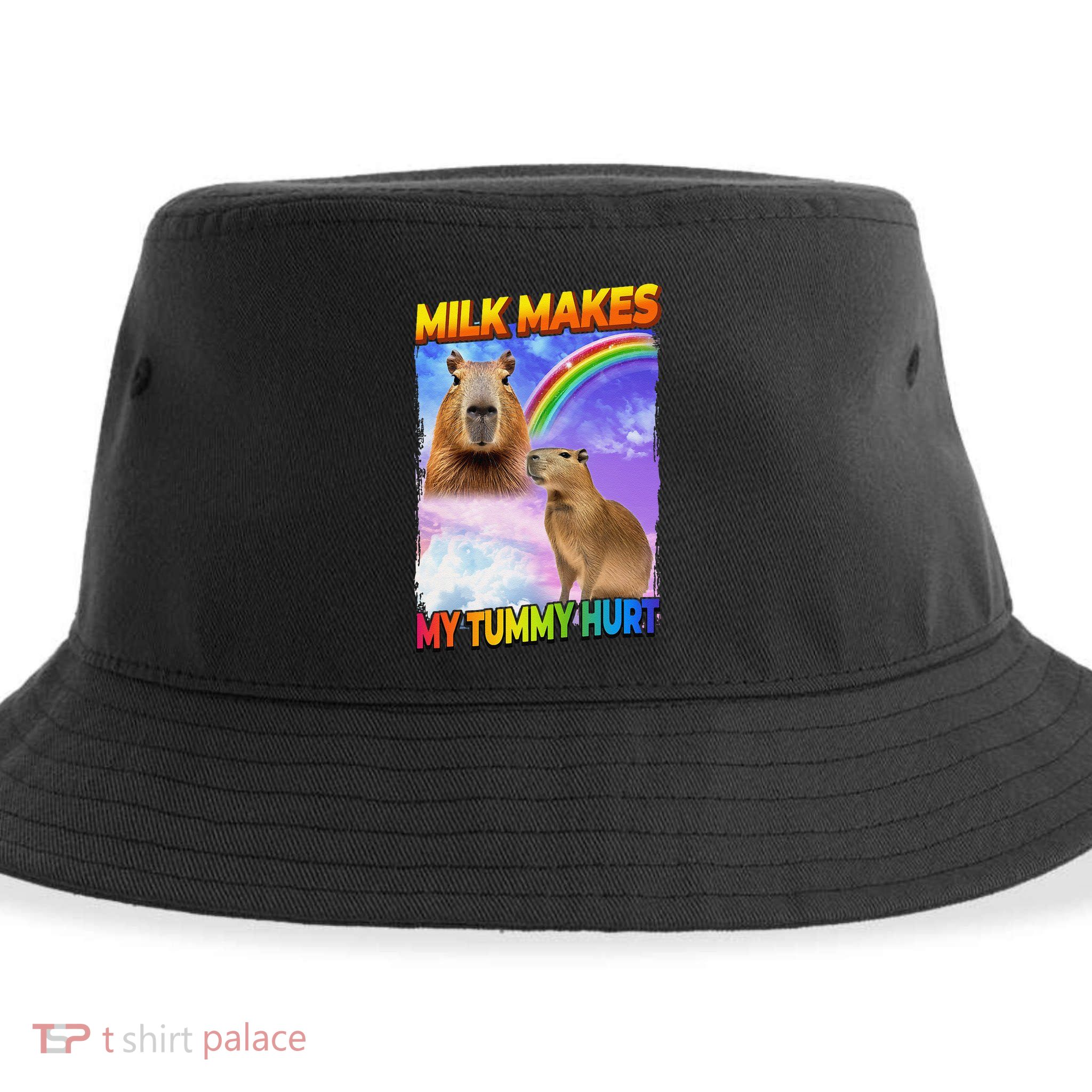 Milk Makes My Tummy Hurt Capybara Meme Culture Sustainable Bucket Hat