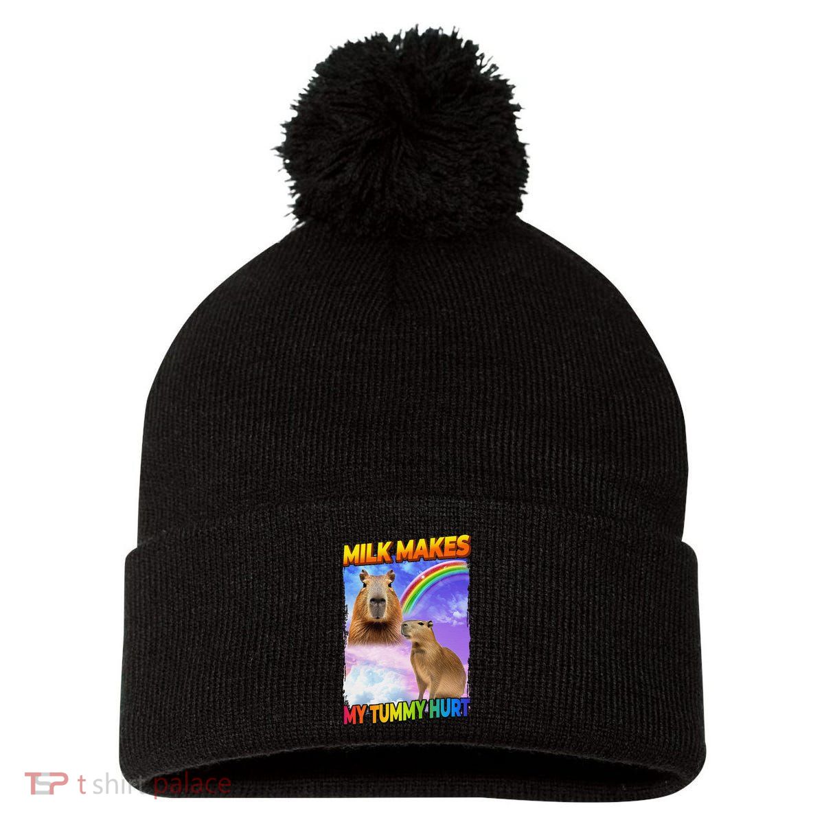 Milk Makes My Tummy Hurt Capybara Meme Culture Pom Pom 12in Knit Beanie