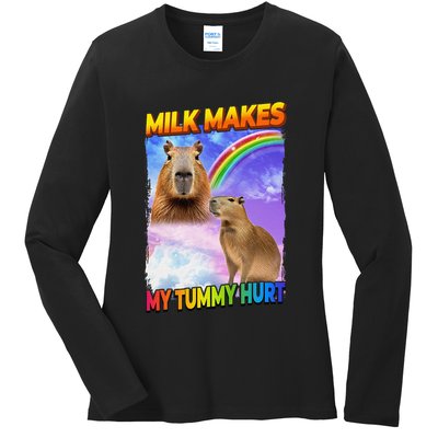 Milk Makes My Tummy Hurt Capybara Meme Culture Ladies Long Sleeve Shirt