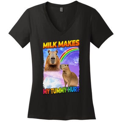 Milk Makes My Tummy Hurt Capybara Meme Culture Women's V-Neck T-Shirt