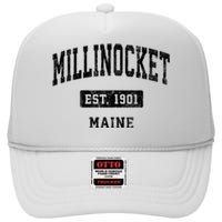 Millinocket Maine Me Vintage Sports Established Design High Crown Mesh Back Trucker Hat