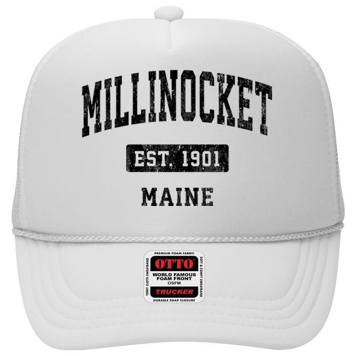 Millinocket Maine Me Vintage Sports Established Design High Crown Mesh Back Trucker Hat