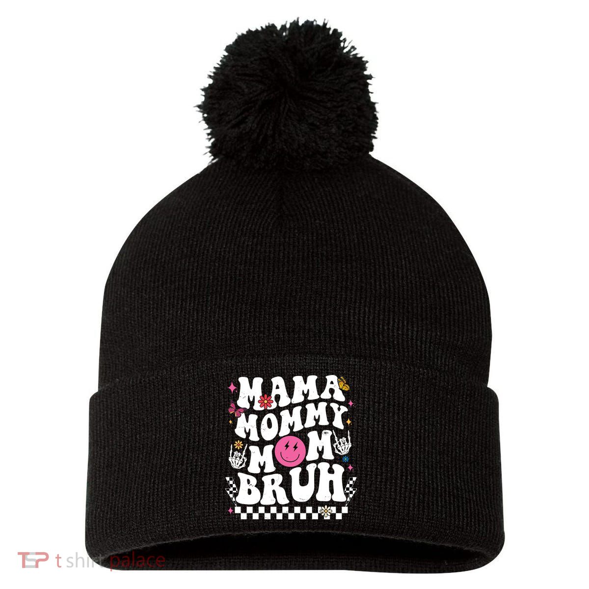 Mama Mommy Mom Bruh Retro Smile Face Pom Pom 12in Knit Beanie