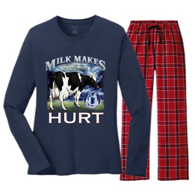 Milk Makes My Tummy Hurt Funny Meme Lactose Tolerant Gift Women's Long Sleeve Flannel Pajama Set 