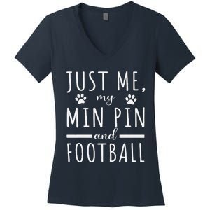 Me My Min Pin And Football Mama Funny Dog Lover Humor Women's V-Neck T-Shirt