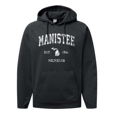 Manistee Michigan Mi Vintage Athletic Sports Design Performance Fleece Hoodie