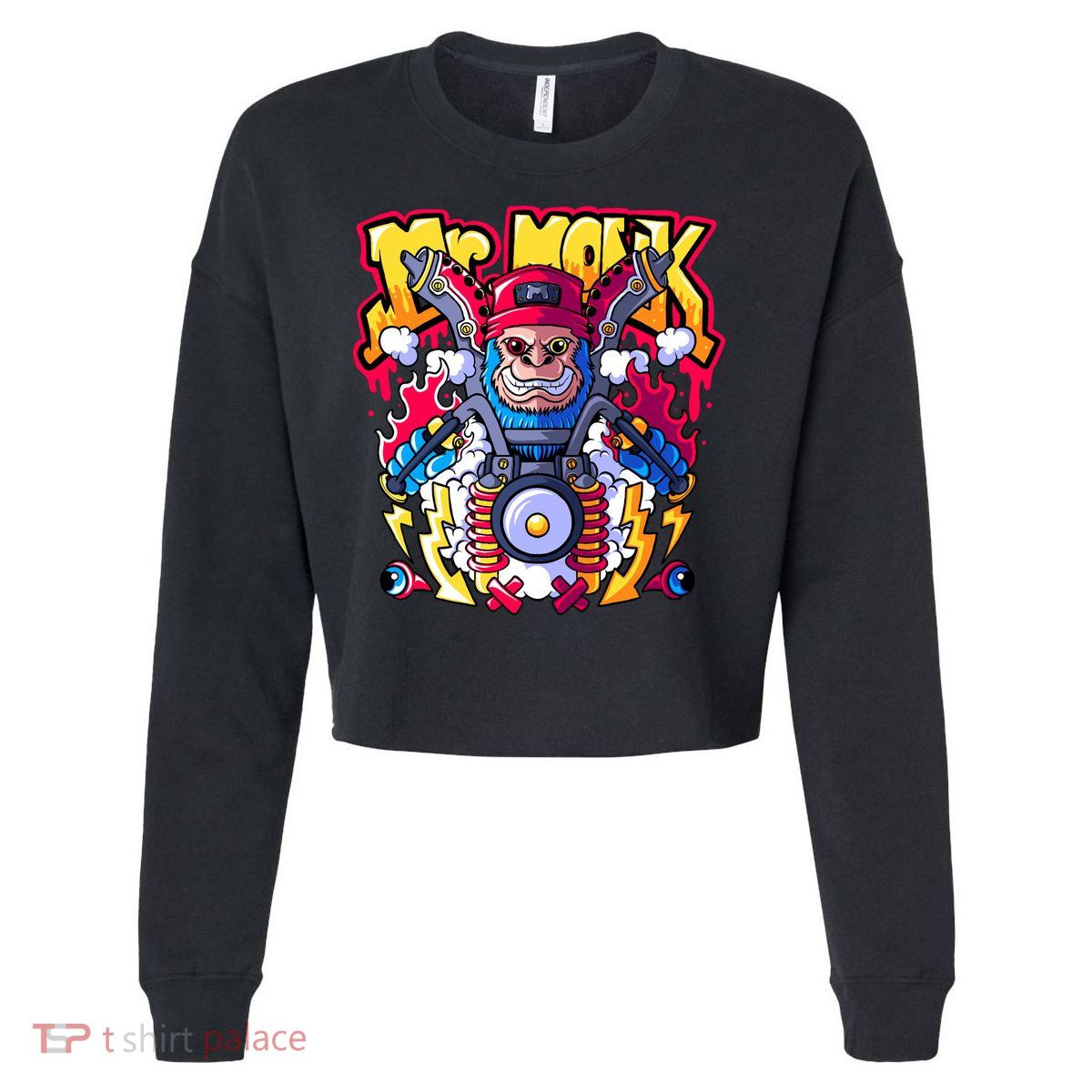 Mr. Monkey Monk Cool Character Riding Motorcycle Cropped Pullover Crew