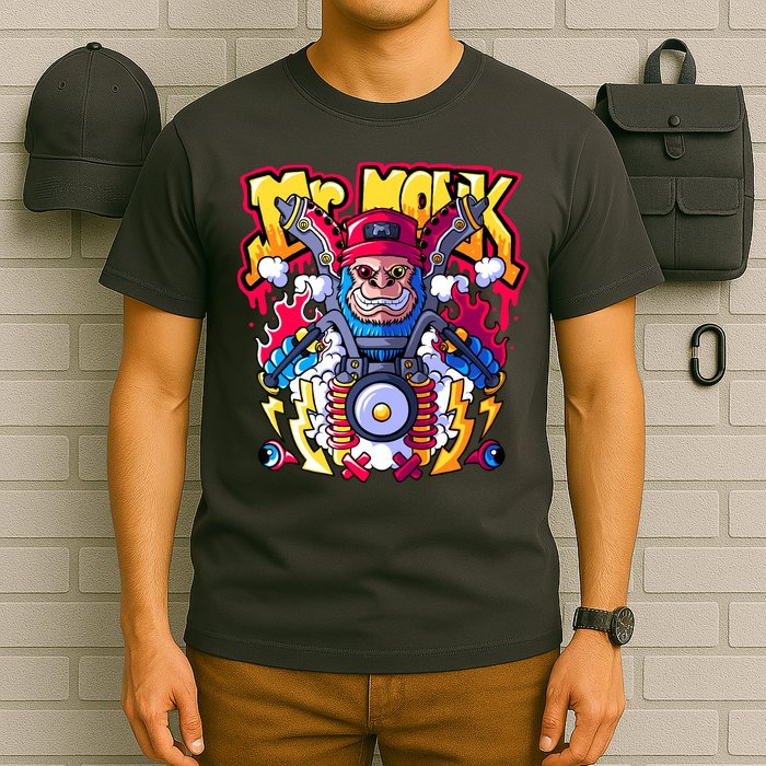 Mr. Monkey Monk Cool Character Riding Motorcycle T-Shirt