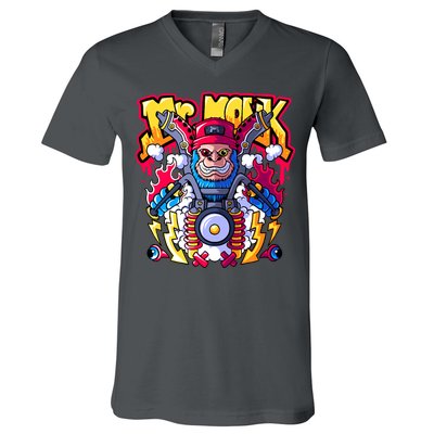 Mr. Monkey Monk Cool Character Riding Motorcycle V-Neck T-Shirt