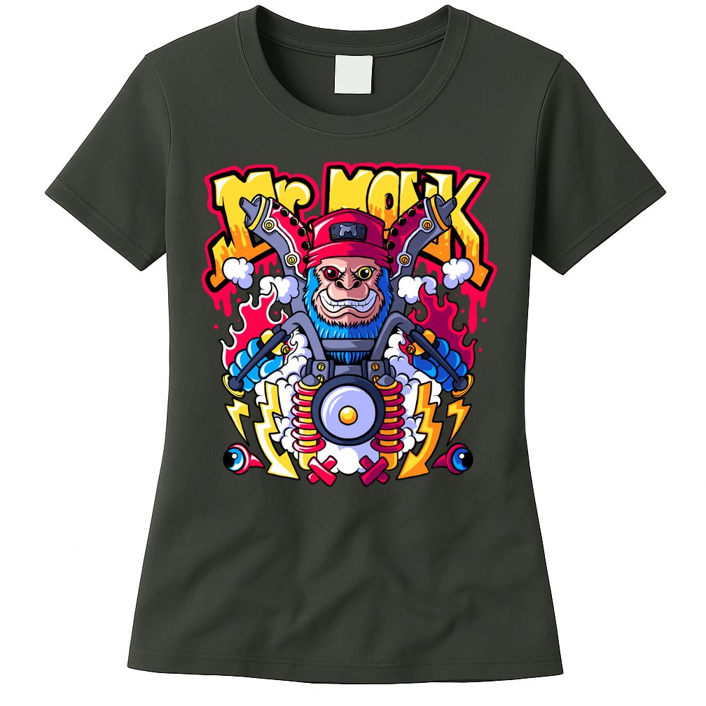 Mr. Monkey Monk Cool Character Riding Motorcycle Womens T-Shirt