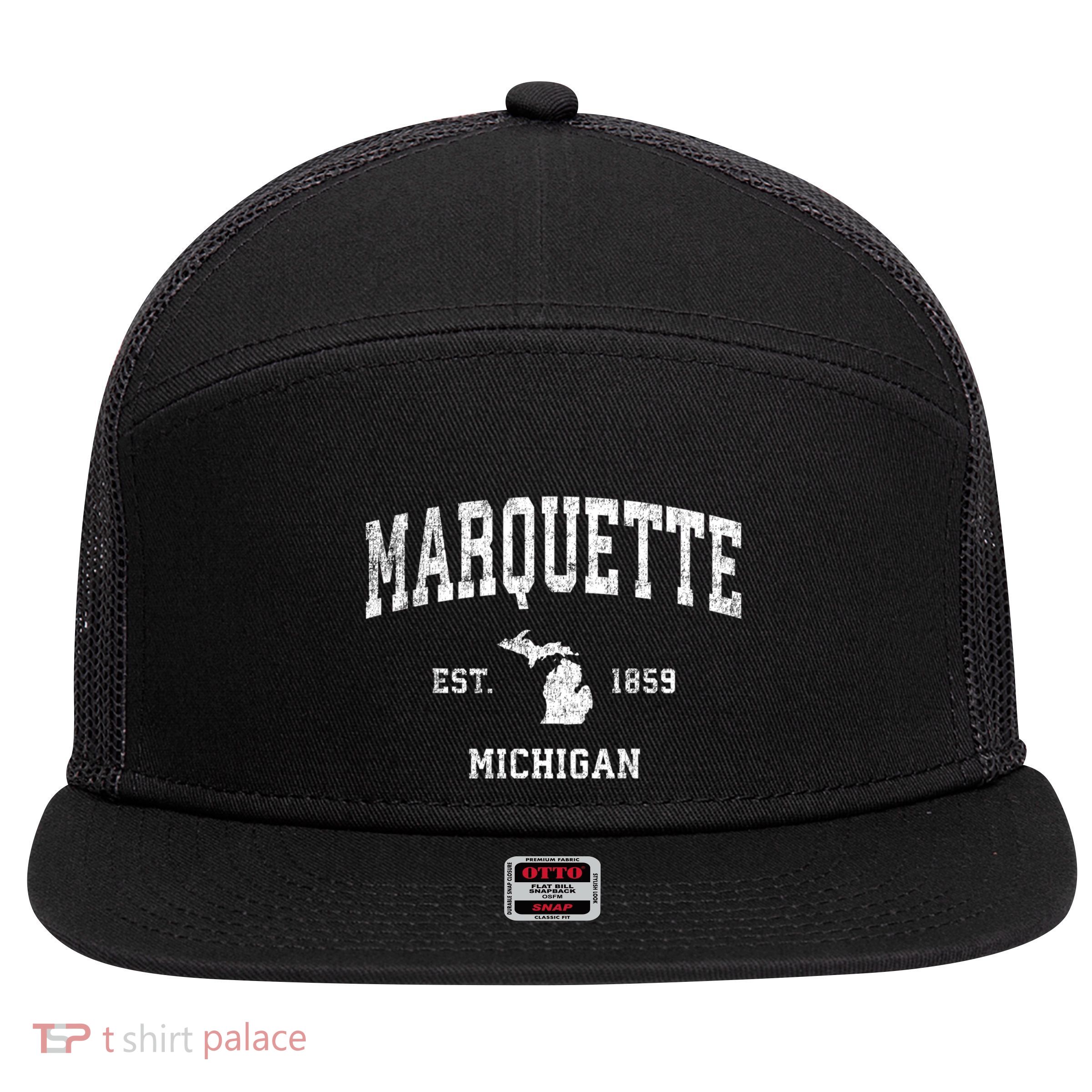 Marquette Michigan Mi Vintage Sports 7 Panel Mesh Trucker Snapback Hat