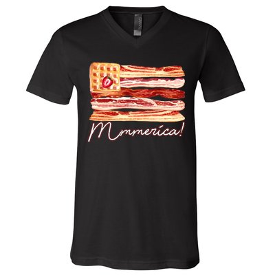 Mmmerica Bacon Waffle Merica Flag V-Neck T-Shirt